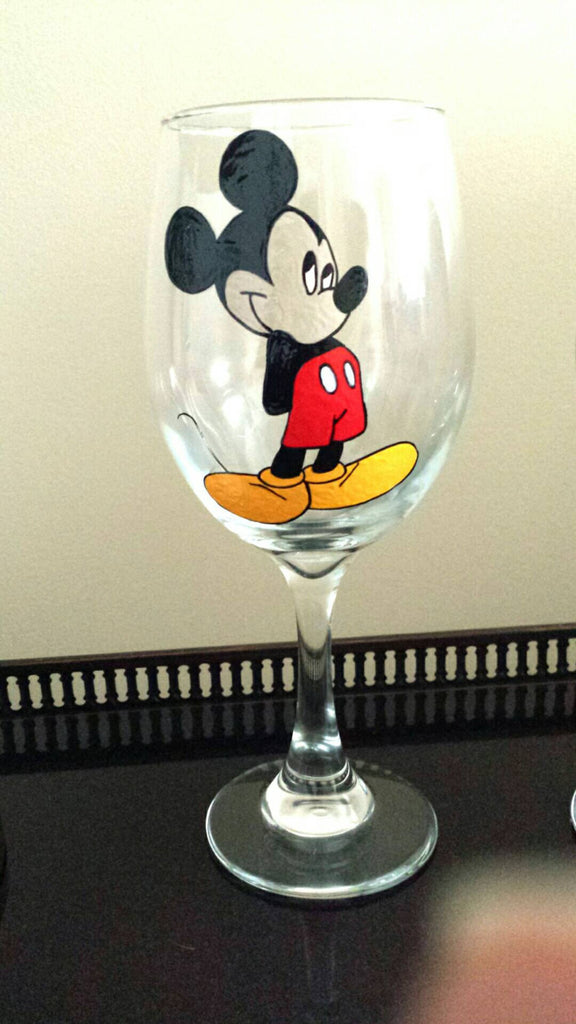 Mickey and Minnie Mouse Kissing Pair of Large Hand Painted Wine Glasses 