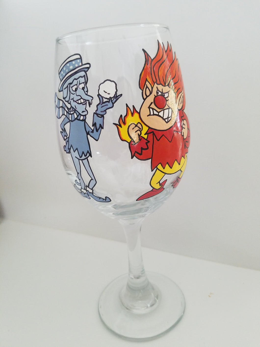 Heat Miser Snow Miser hand-painted wine glass