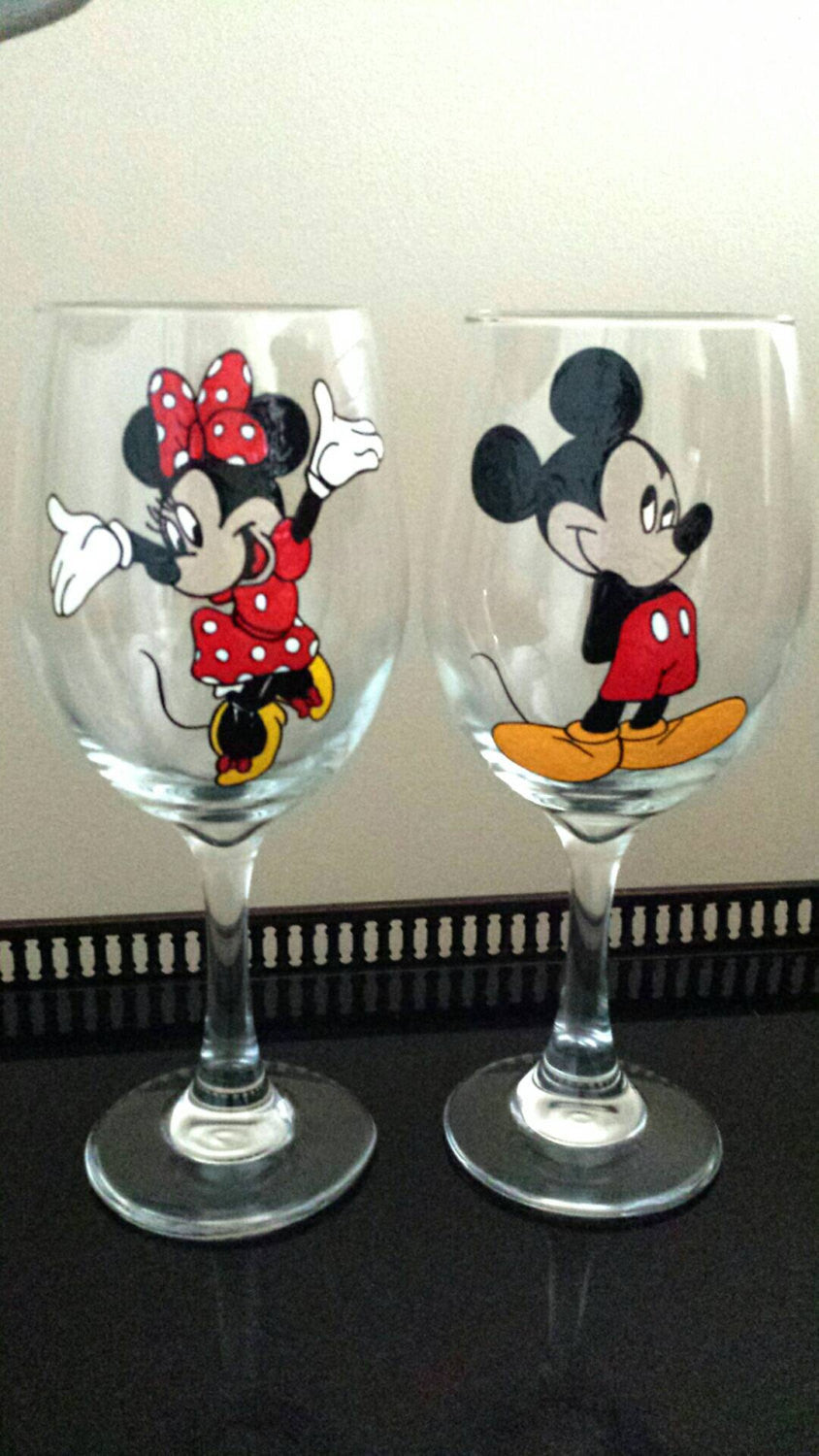 Mickey and Minnie Mouse Pair of Large Hand Painted Wine Glasses 