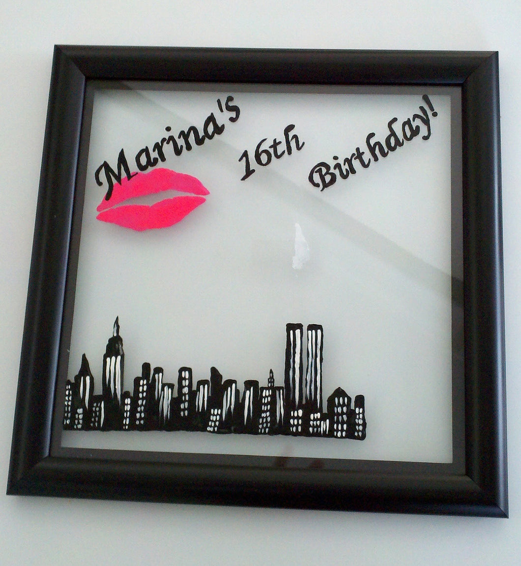 hand painted custom made to order ny skyline frame sweet sixteen 16 favor wine glass mug tumbler cups mothers day