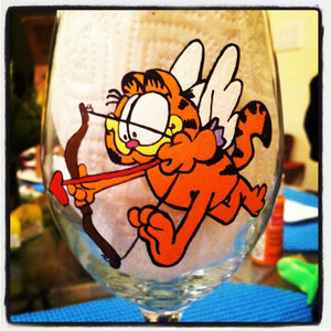 decorative hand painted custom made to order personalized garfield inspired valentines day cupid wine glass mug tumbler cups