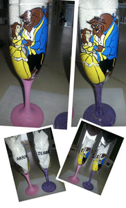 custom set of 2 champagne flute wine toasting glasses beauty and the beast inspired bride groom wedding toasting glasses hand painted wine