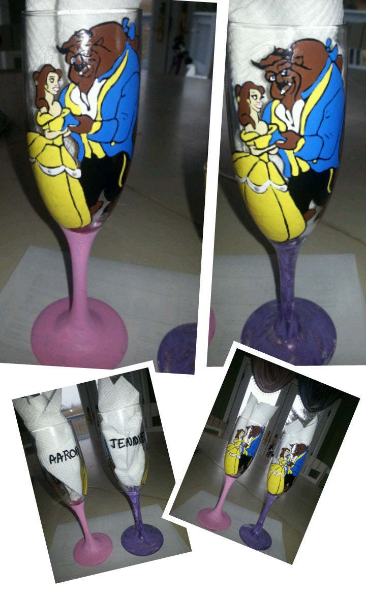 custom set of 2 champagne flute wine toasting glasses beauty and the beast inspired bride groom wedding toasting glasses hand painted wine