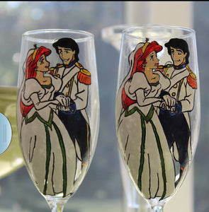custom set of 2 champagne flute wine toasting glasses ariel and prince eric disney inspired bride wedding toasting glasses hand painted