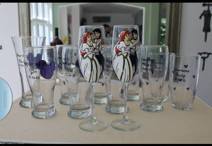 custom set of 10 bridal party champagne flute wine toasting glasses ariel and prince eric disney bride groom wedding hand painted wine