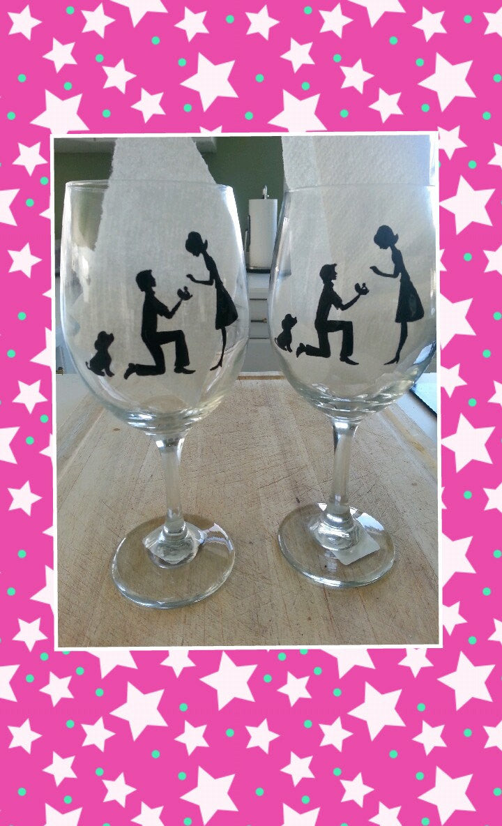 WINE glass custom hand painted weddings valentines day engagement gift silhouettes with dog proposal