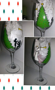 WINE glass custom hand painted weddings valentines day engagement gift Rockefeller center tree angels