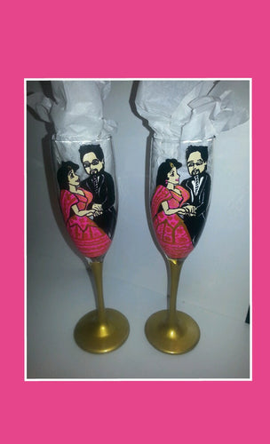 custom set of 2 champagne flute wine toasting glasses Indian wedding bride groom wedding toasting glasses