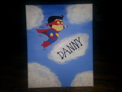 Children's canvas superman superwoman 8x10 painting kids room decor wall art clouds sky personalized custom