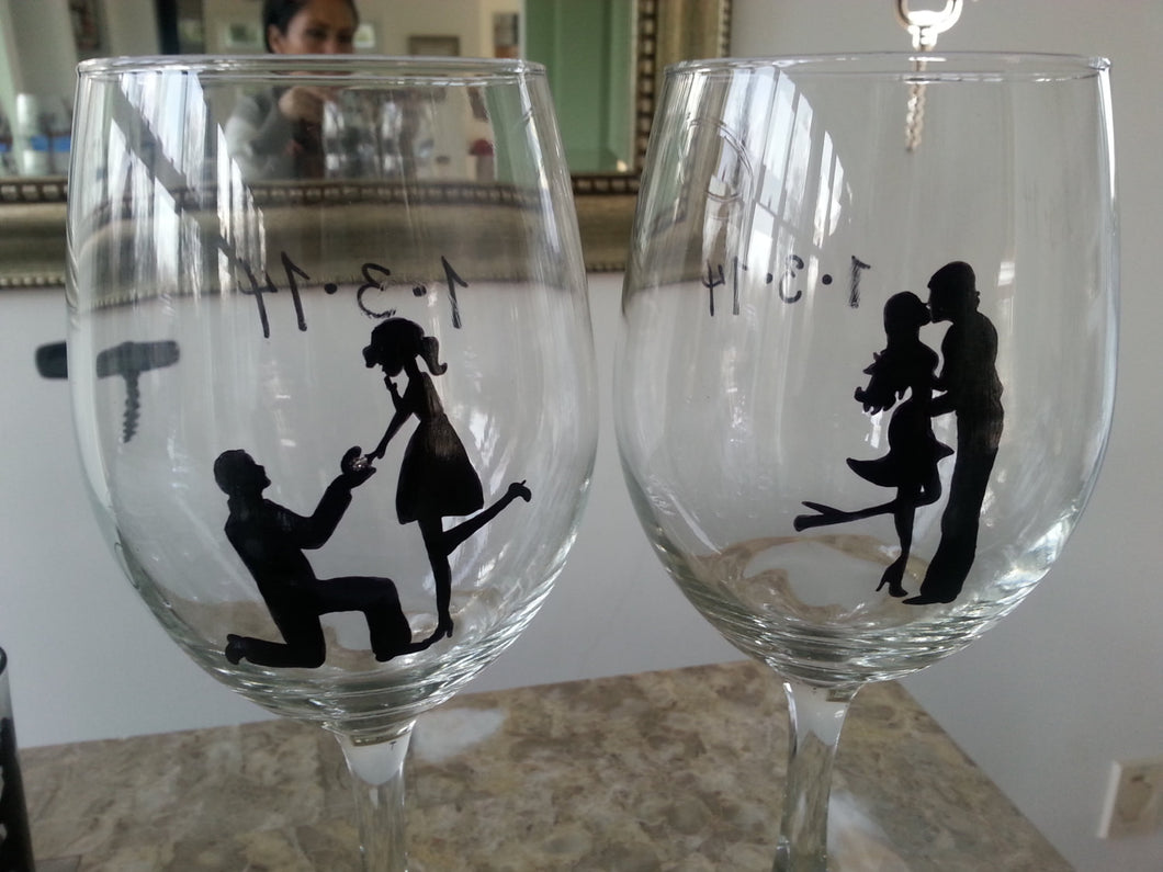 WINE glass custom hand painted wedding engagement proposal couple kissing gift