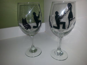WINE glass custom hand painted dog with couple wedding engagement proposal gift