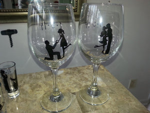WINE glass custom hand painted wedding engagement proposal couple kissing gift