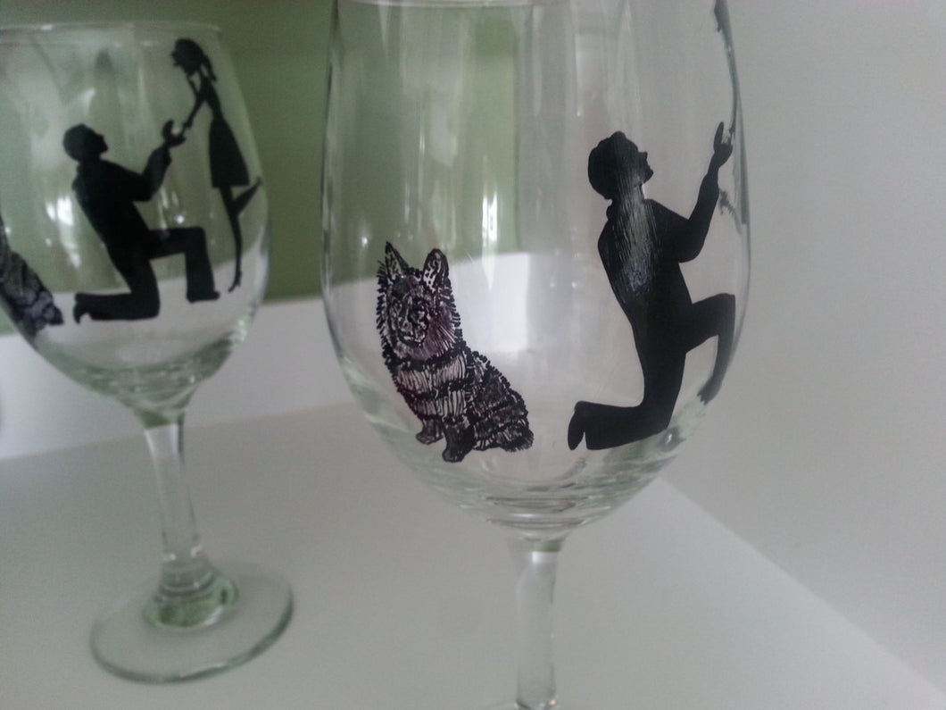 WINE glass custom hand painted dog with couple wedding engagement proposal gift