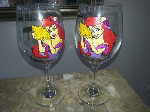 custom hand painted wine glasses ariel disney little mermaid inspired bride groom wedding toasting glasses