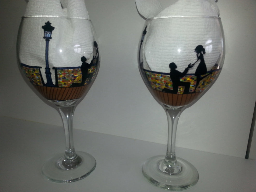 WINE glass custom hand painted weddings proposal Paris lock bridge engagement gift