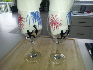 WINE glass custom hand painted wedding engagement proposal couple fireworks fourth of July