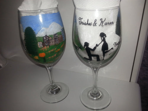 WINE glass hand painted same sex women rose garden Engagement proposal Valentine's day wedding