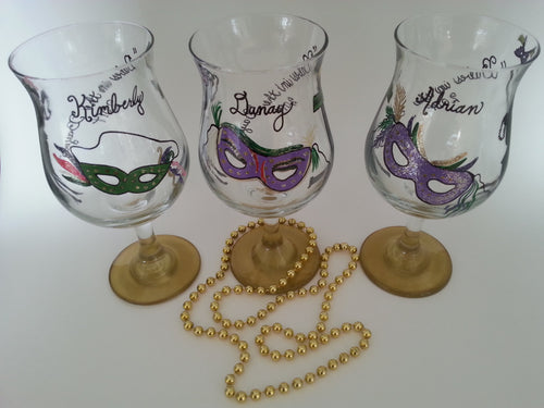 Mardi gras wine glass hand painted mask girls in bayou new orleans