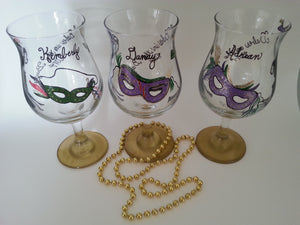 Mardi gras wine glass hand painted mask girls in bayou new orleans