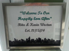 welcome wedding city skyline sign, reception sign, personalized glass frame wedding sign,