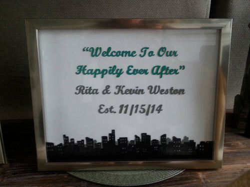 welcome wedding city skyline sign, reception sign, personalized glass frame wedding sign,