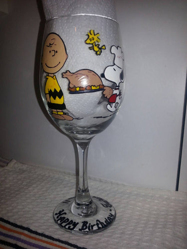 peanuts charlie brown snoopy woodstock pilgrim thanksgiving turkey hand painted wine glass