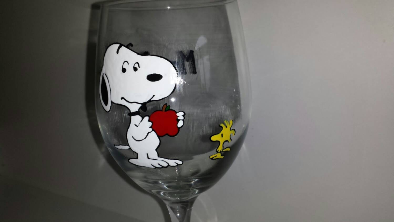 decorative snoopy peanuts woodstock inspired hand painted wine glass E –  Dez Designs