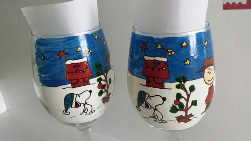 decorative charlie brown christmas peanuts gang inspired  linus lucy snoopy woodstock hand painted wine glass cups mug