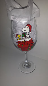 hand painted snoopy woodstock peanuts inspired christmas wine glass