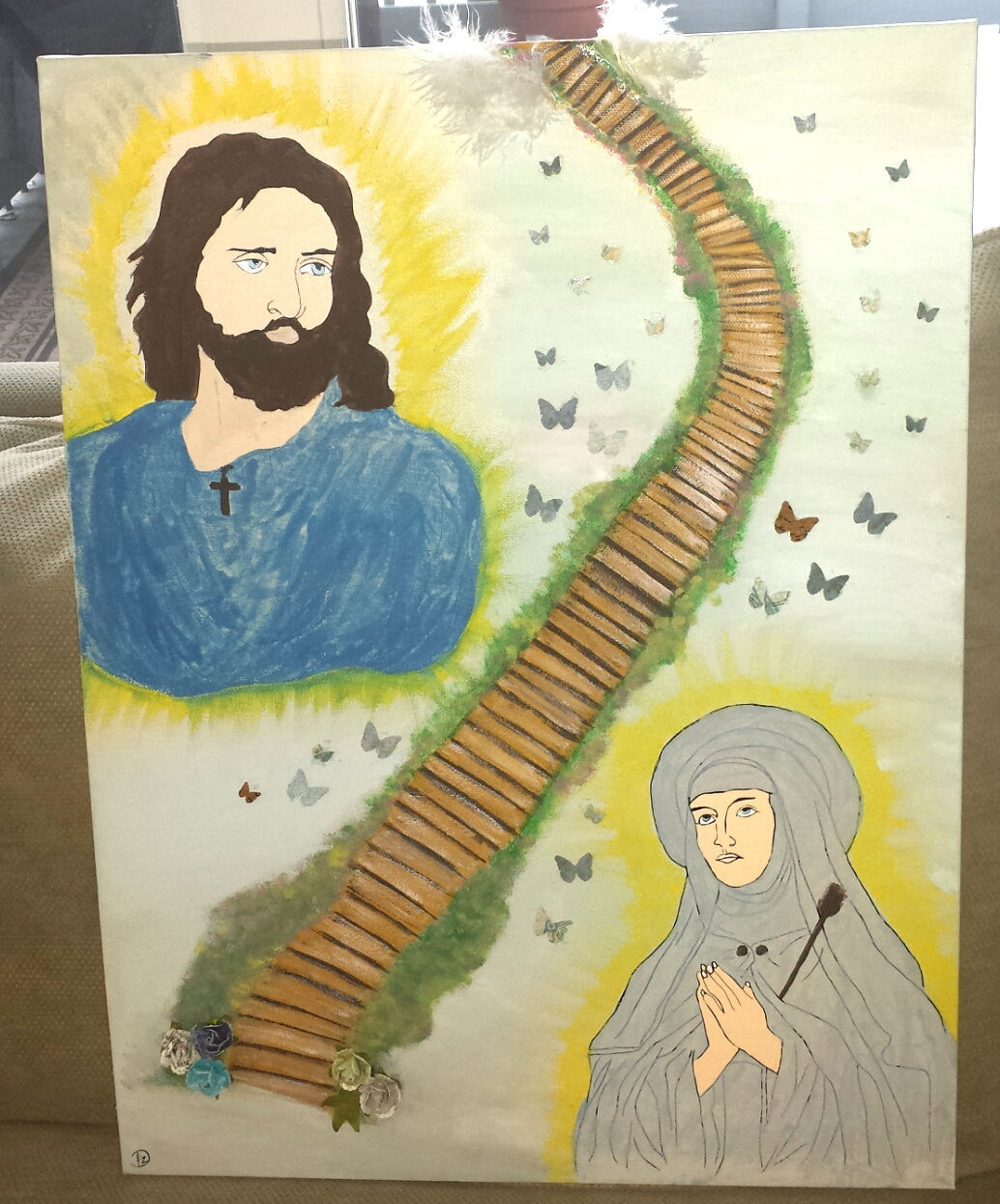 Custom hand painted Jesus and Mary spiritual stairway to heaven acrylic art canvas portrait mixed media painting