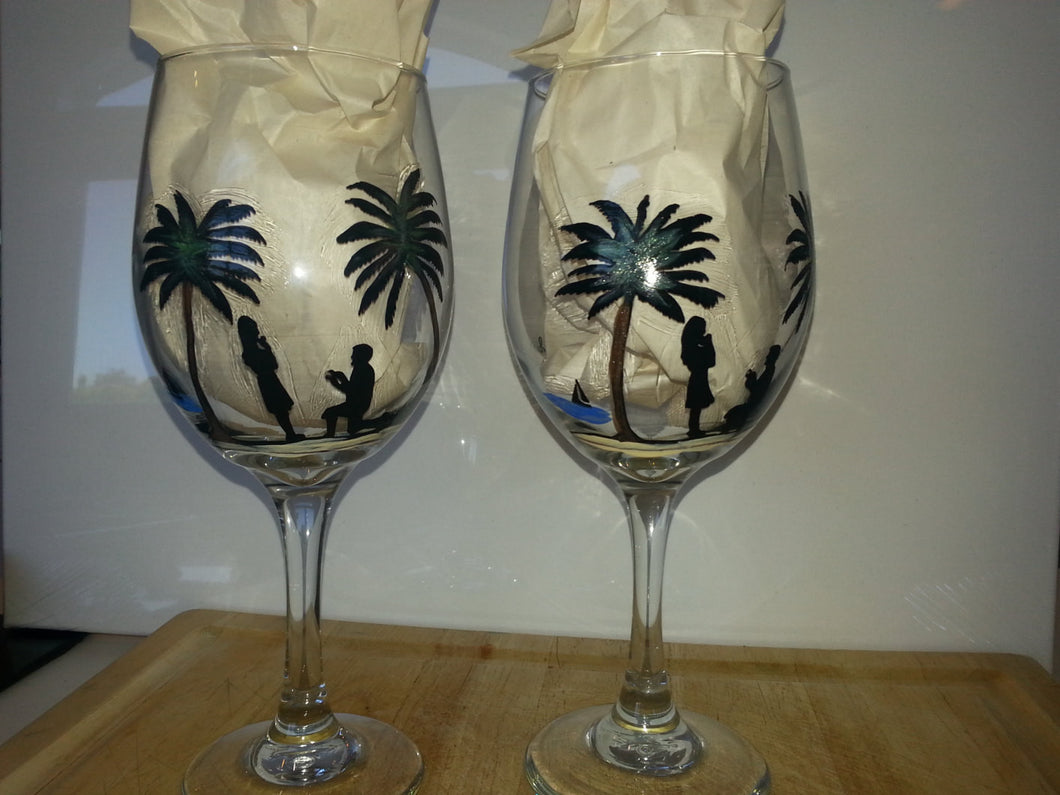 WINE glass custom hand painted beach weddings valentines day engagement gift
