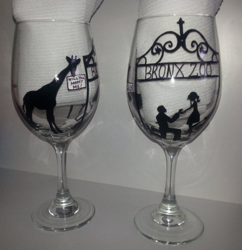 WINE glass custom hand painted weddings proposal bronx zoo theme valentines day engagement gift
