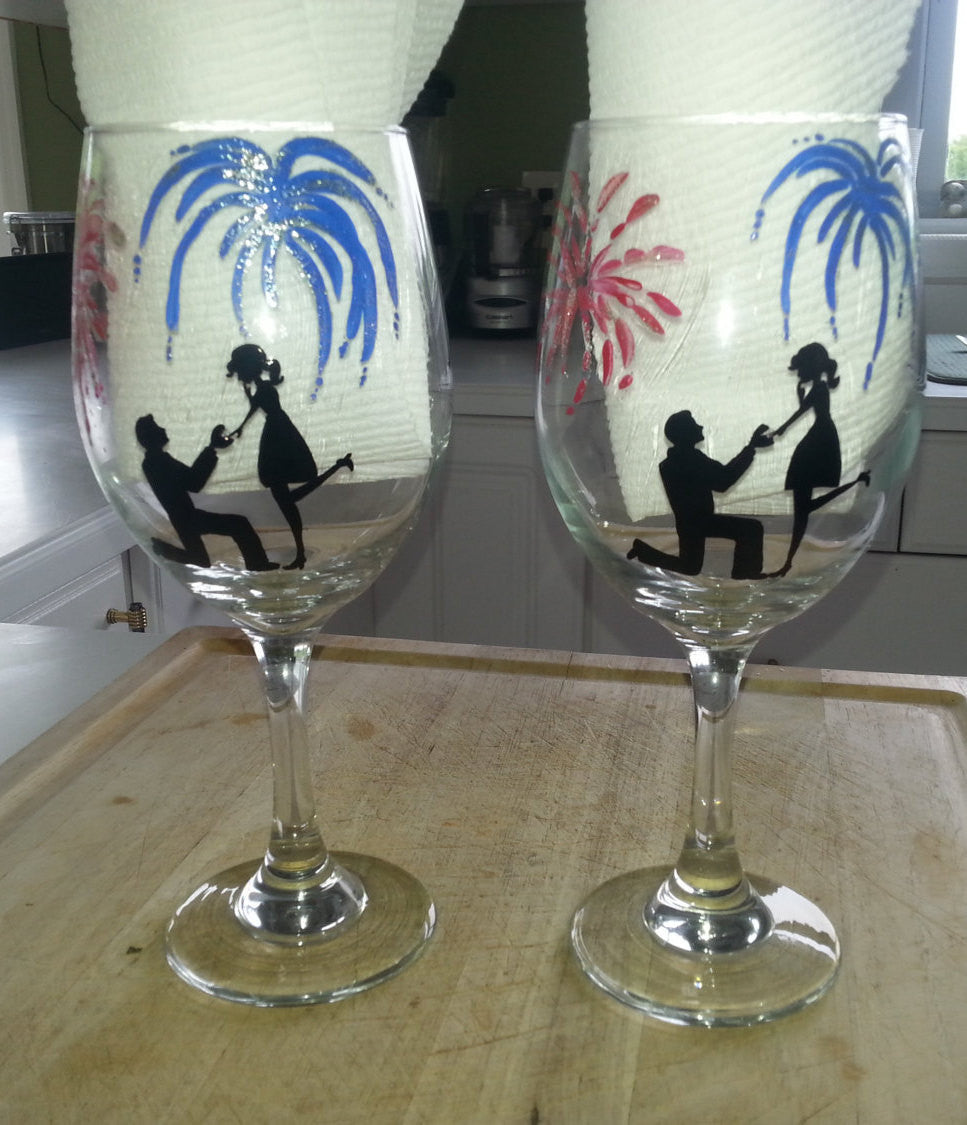WINE glass custom hand painted wedding engagement proposal couple fireworks fourth of July