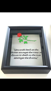 Red rose, quote, deep shadow box, ticket box, custom, hand painted, keepsake box, memory box, display case, wooden,black frame