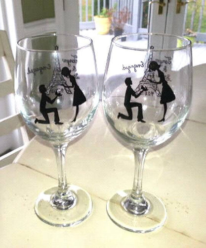 WINE glass custom hand painted Paris wedding engagement proposal gift