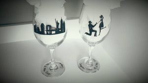 Hand painted,wedding, wine glass, proposal, engagement, set of 2, new york city, skyline, personalized, custom wedding theme,