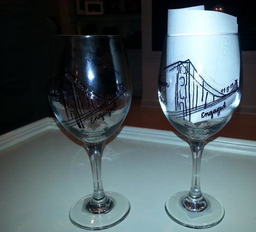 WINE glass custom hand painted weddings proposal valentines day san Francisco bridge engagement gift silhouettes with dog proposal