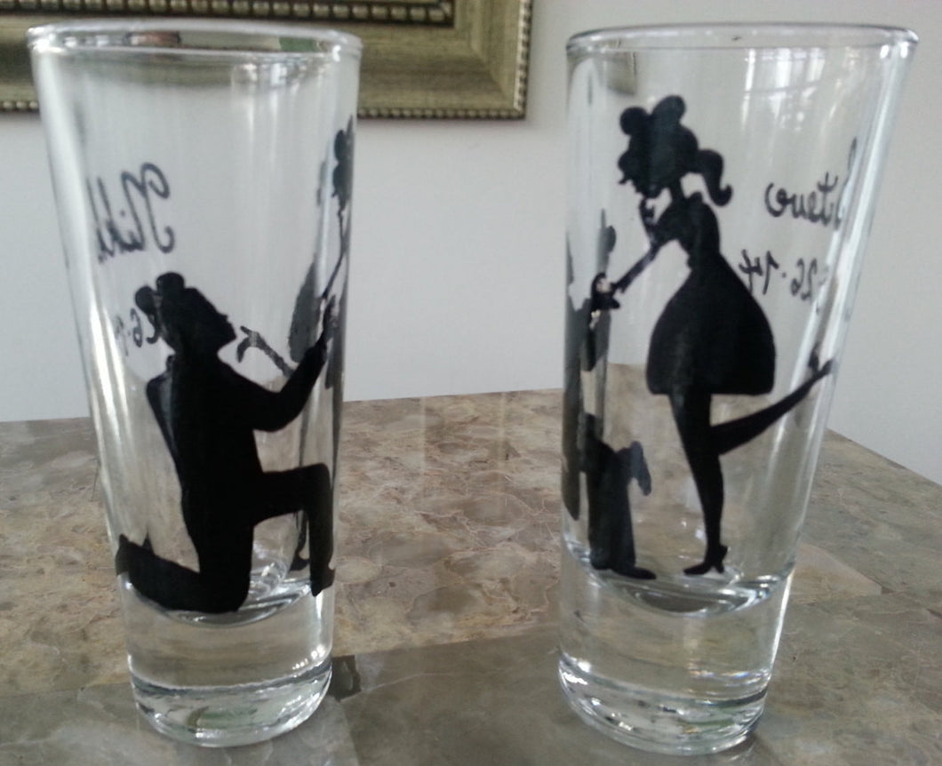 set of 2 shot glass disney custom hand painted weddings valentines day engagement proposal gift