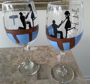 WINE glass custom hand painted sitting on the dock wedding engagement proposal gift